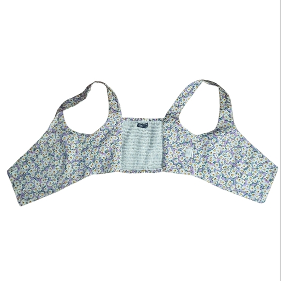 Zara Linen Blend Ditsy Floral Smocked Back Button Front Crop Top S Purple White - Picture 11 of 16